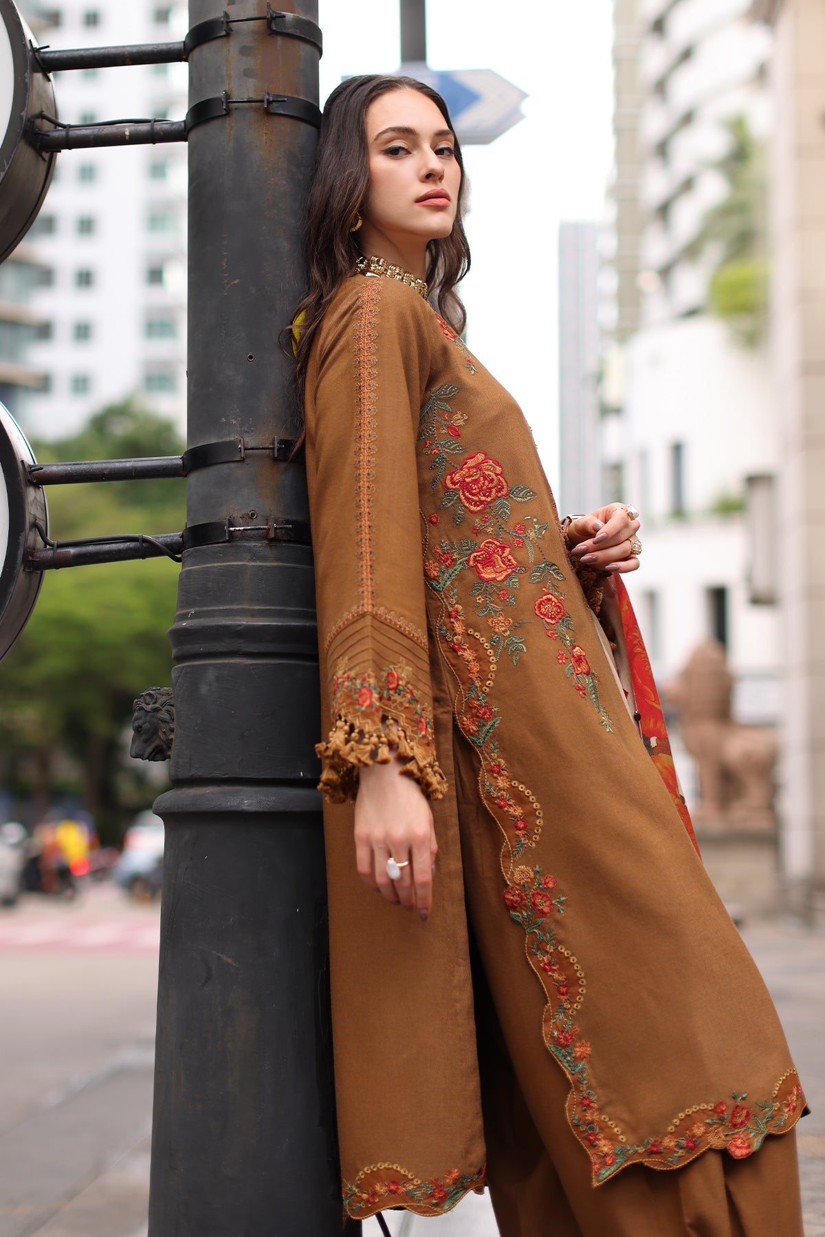 Charizma (poshima) unstitched 3Pc embroidered peach leather with printed pashmina shawl