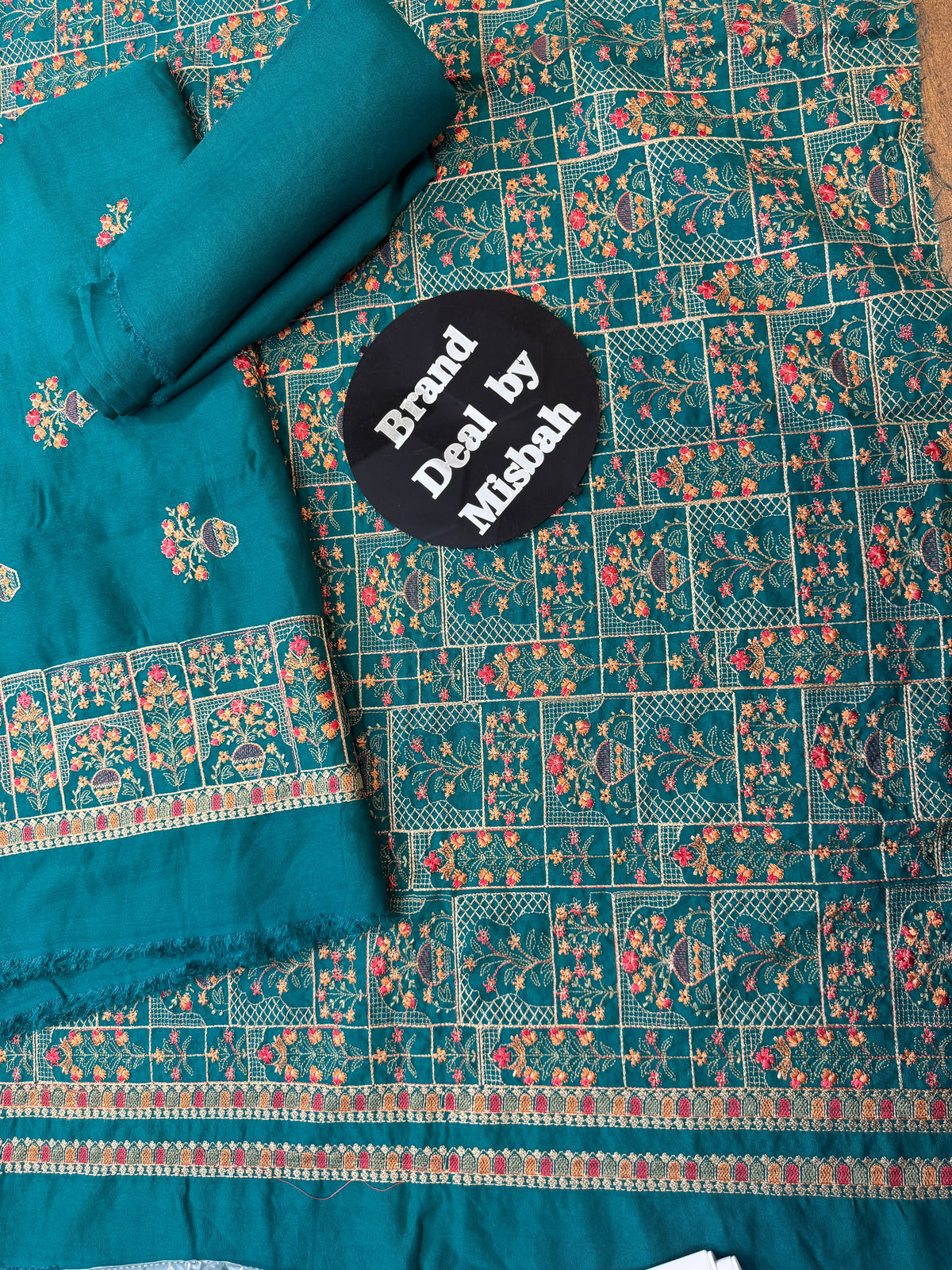 Peacock Green Luxury embroided karandi 3pc with heavy embroided shawl light embroided shirt plain trouser