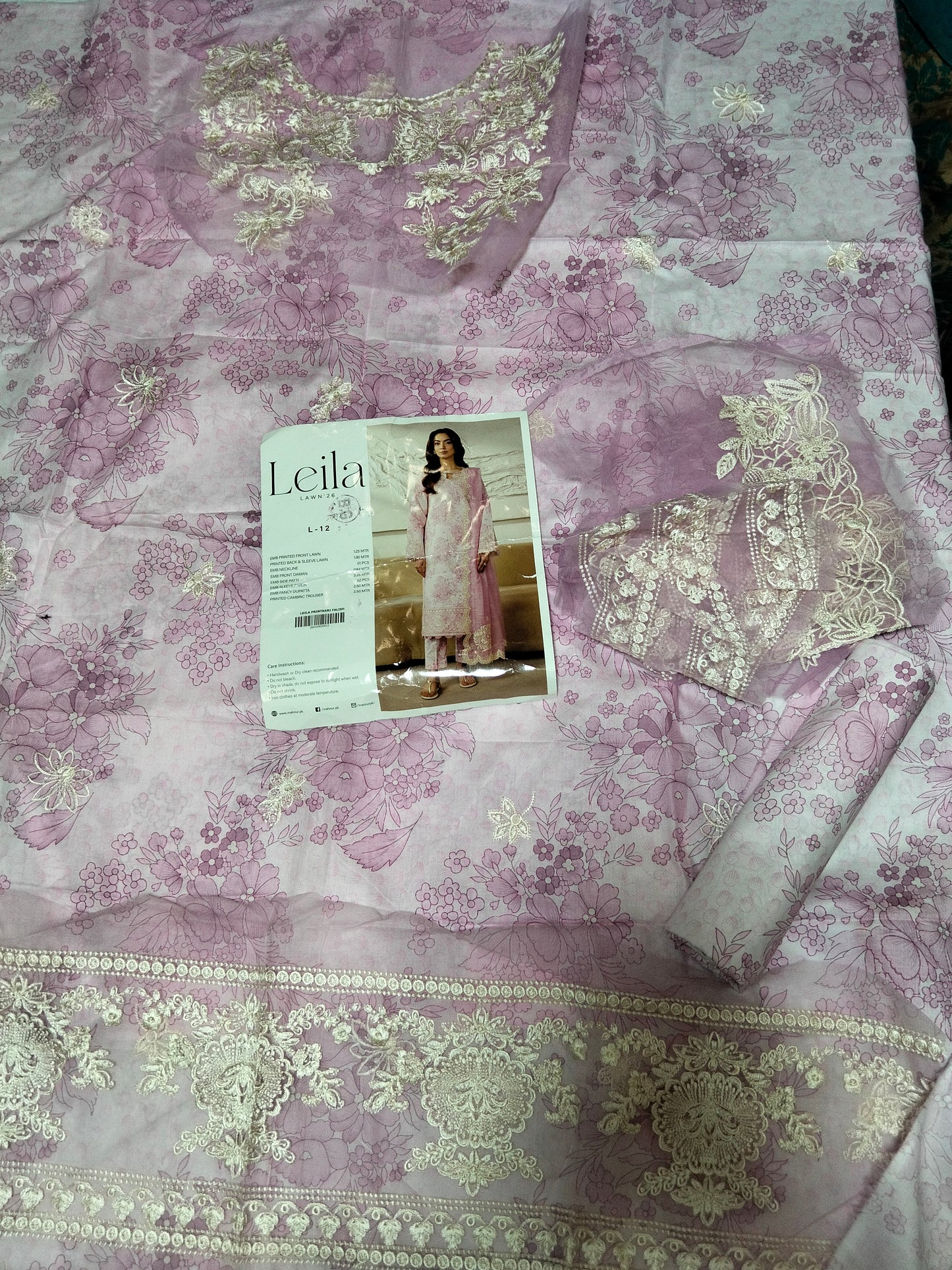 Sale Mahnur printed +embroided lawn 2pc shirt and trouser with embroided patches