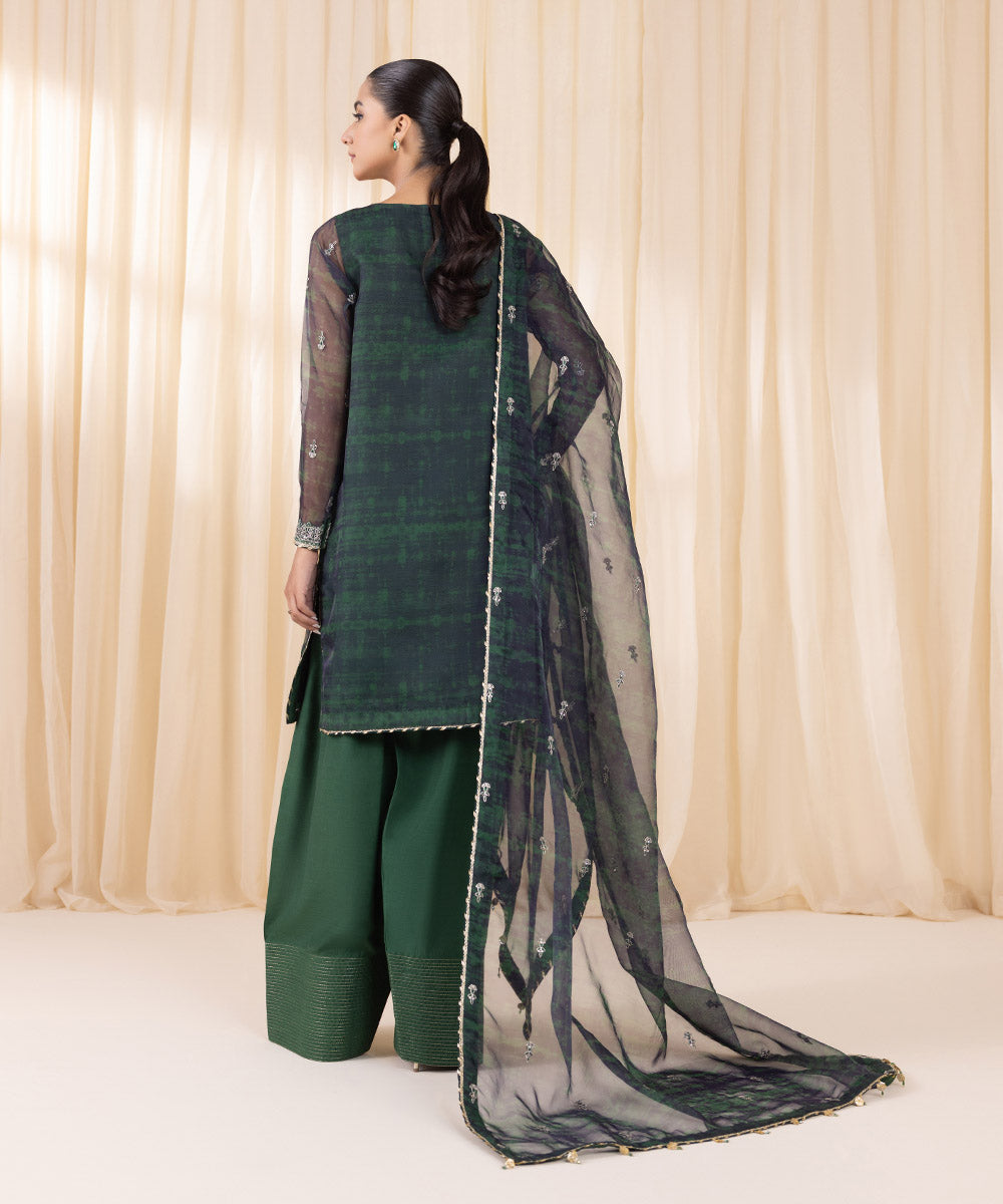 Sale sapphire embroided organza fabric shirt and plain Raw silk trouser with embroided organza fabric dupatta