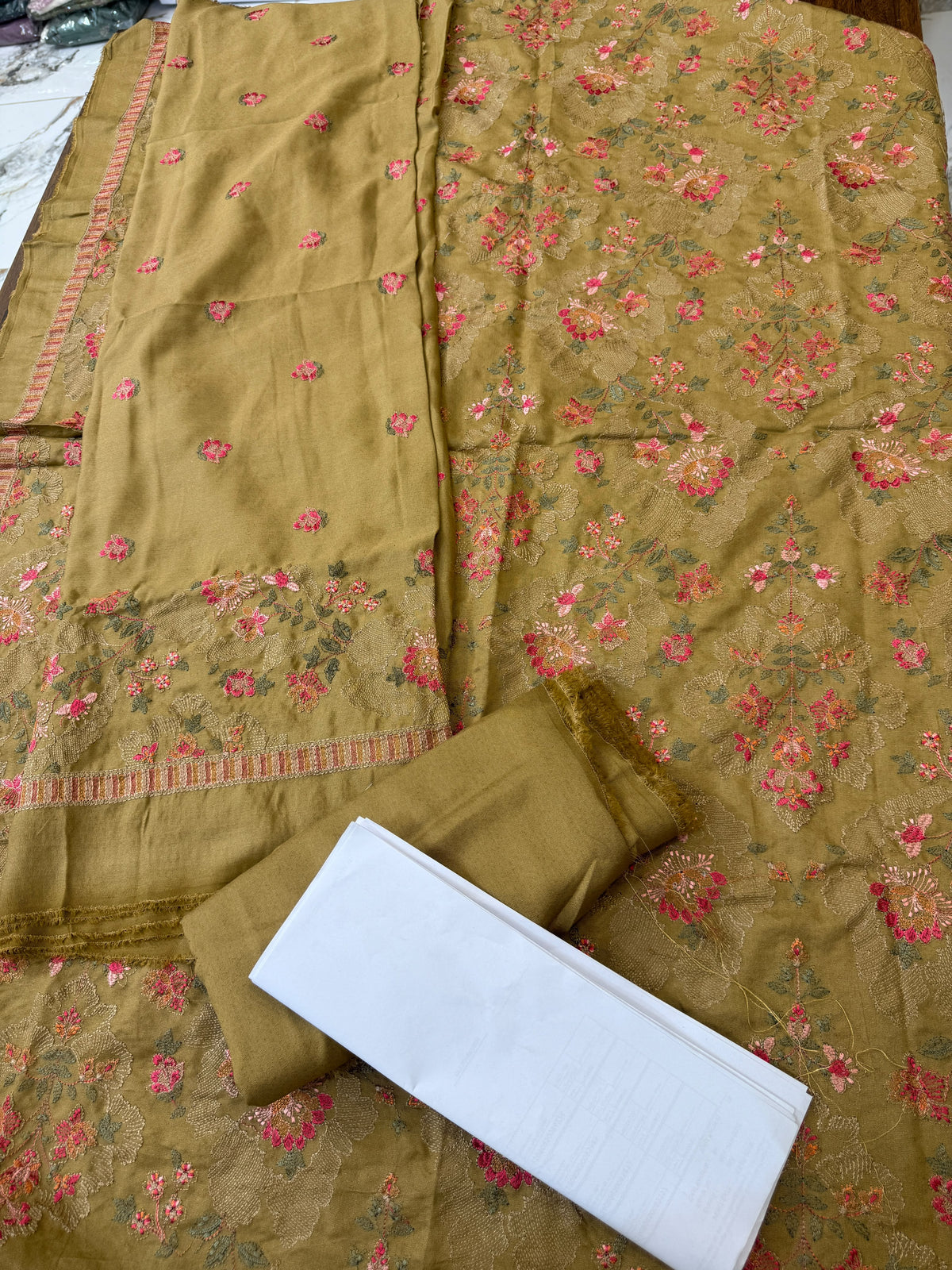 Luxury embroided karandi 3pc with heavy embroided shawl light embroided shirt plain trouser