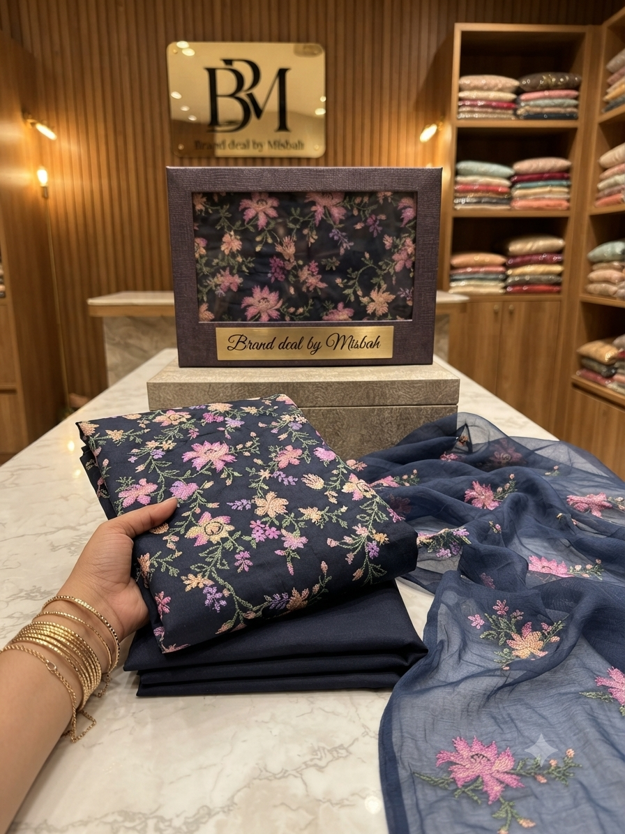 Luxury Karandi embroided 3pc with embroided chiffon duppata plain karandi trouser