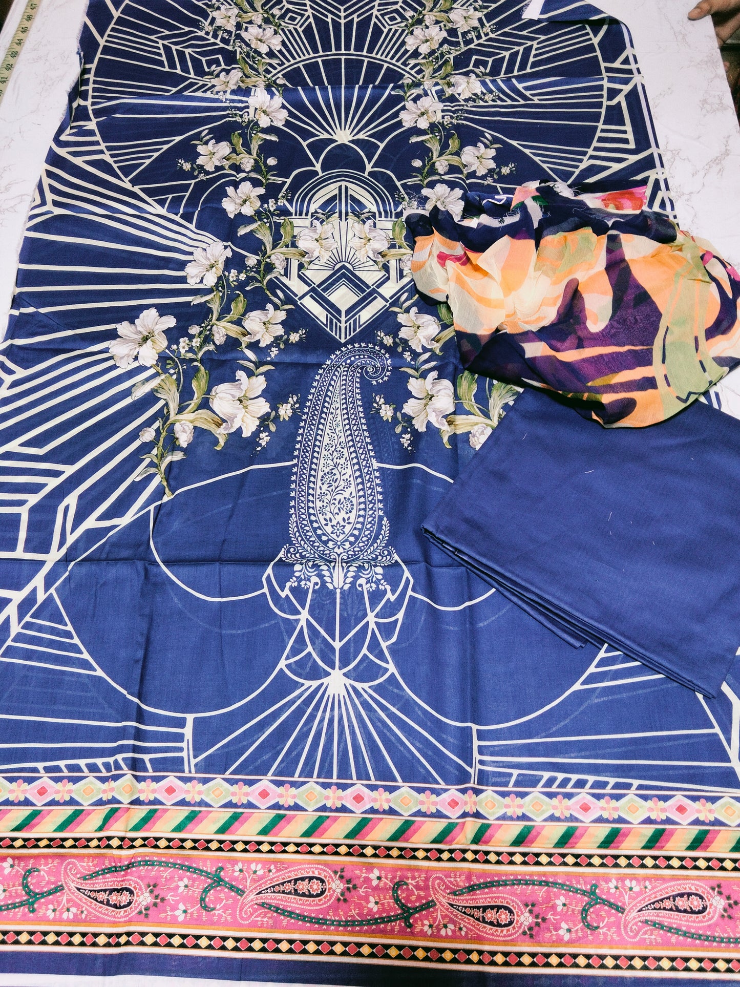 Sale Paltar Luxury printed lawn 3Pc with dyed cotton trouser and pure crinkle chiffon dupatta
