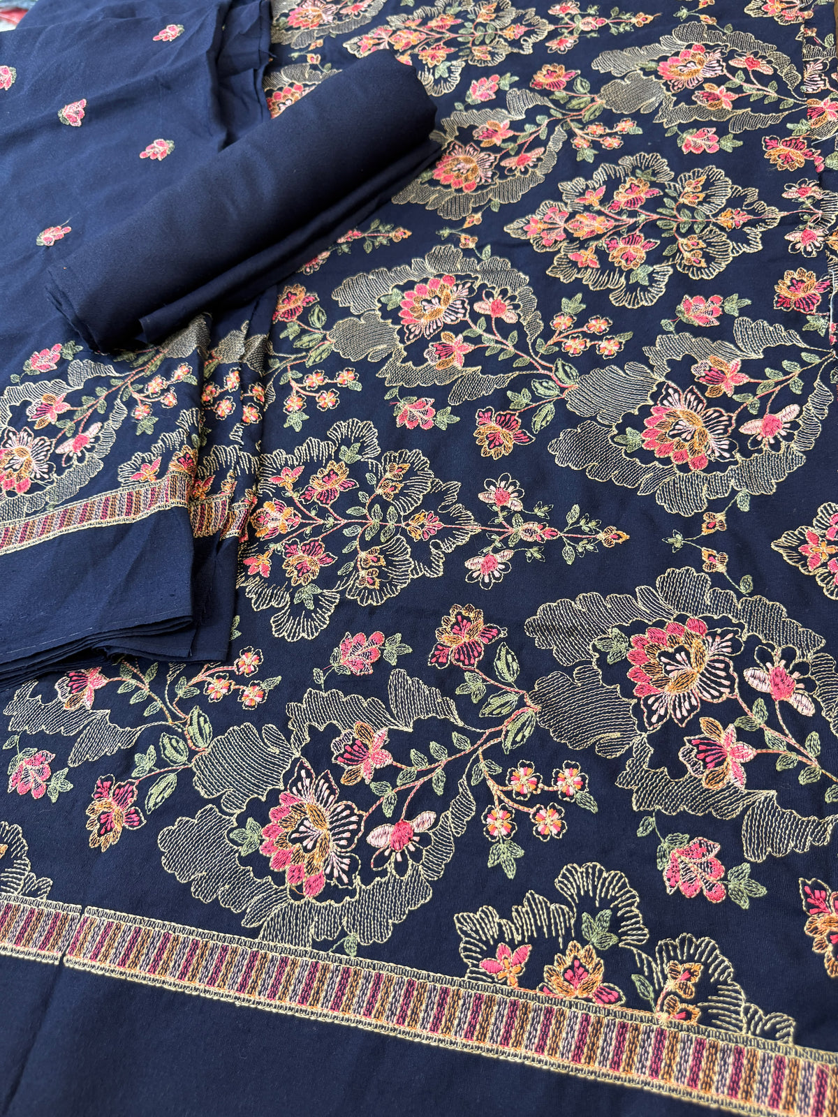 Navy blue Luxury embroided karandi 3pc with heavy embroided shawl light embroided shirt plain trouser