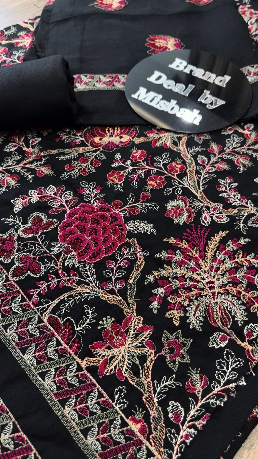 Black Luxury embroided karandi 3pc with heavy embroided shawl light embroided shirt plain trouser