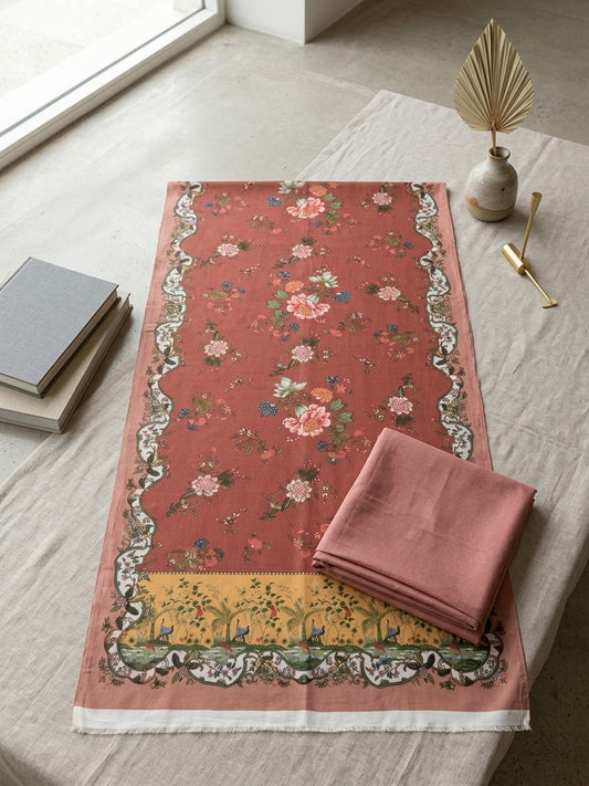 Hussain rehar 3pc plain khadar shirt and trouser with printed wool shawl