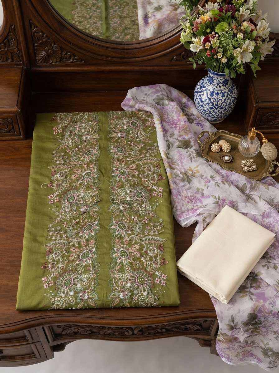 Batik embroided lawn 3pc with plain trouser printed chiffon dupatta
