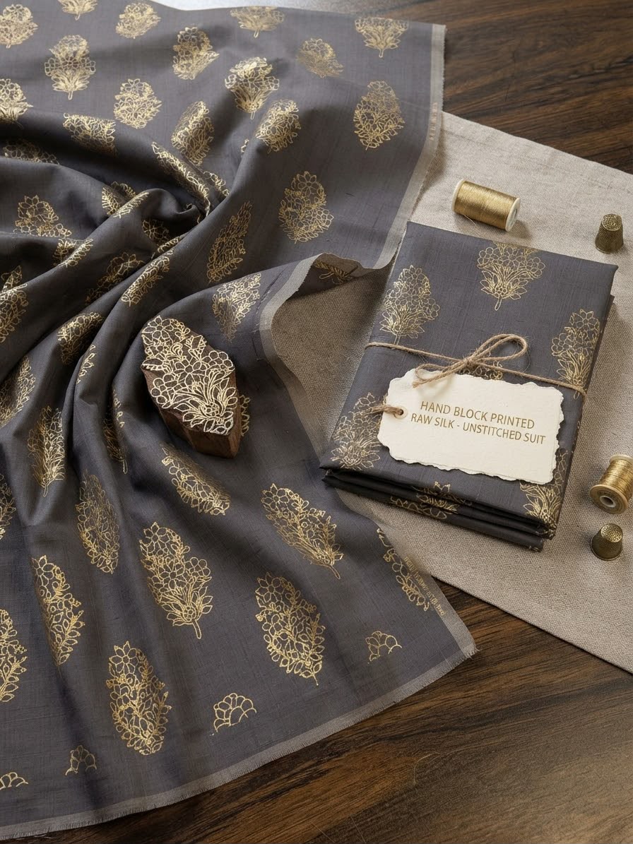 Block printed raw silk 2 pc