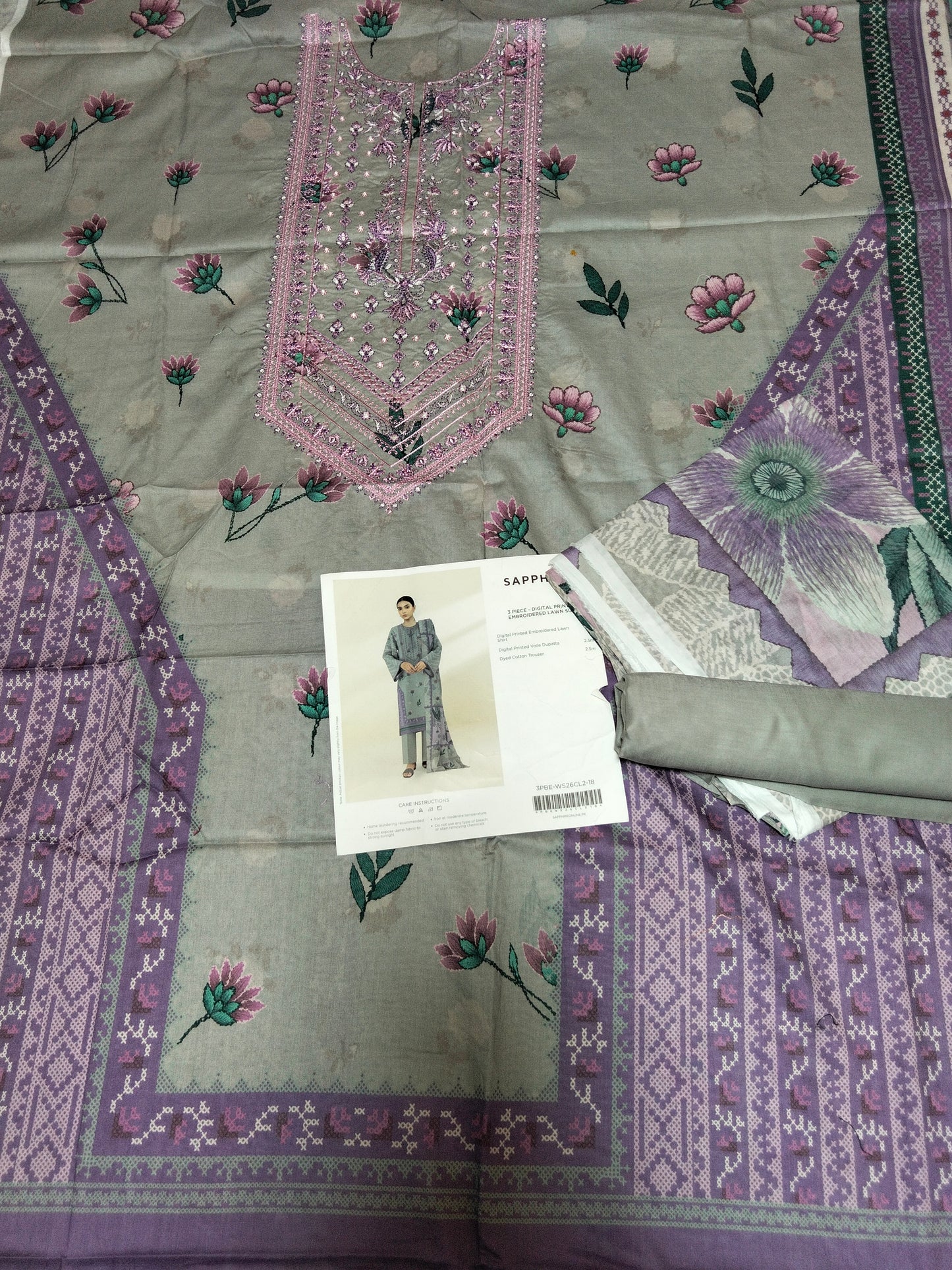 Sale sapphire embroided lawn 3pc with plain trouser