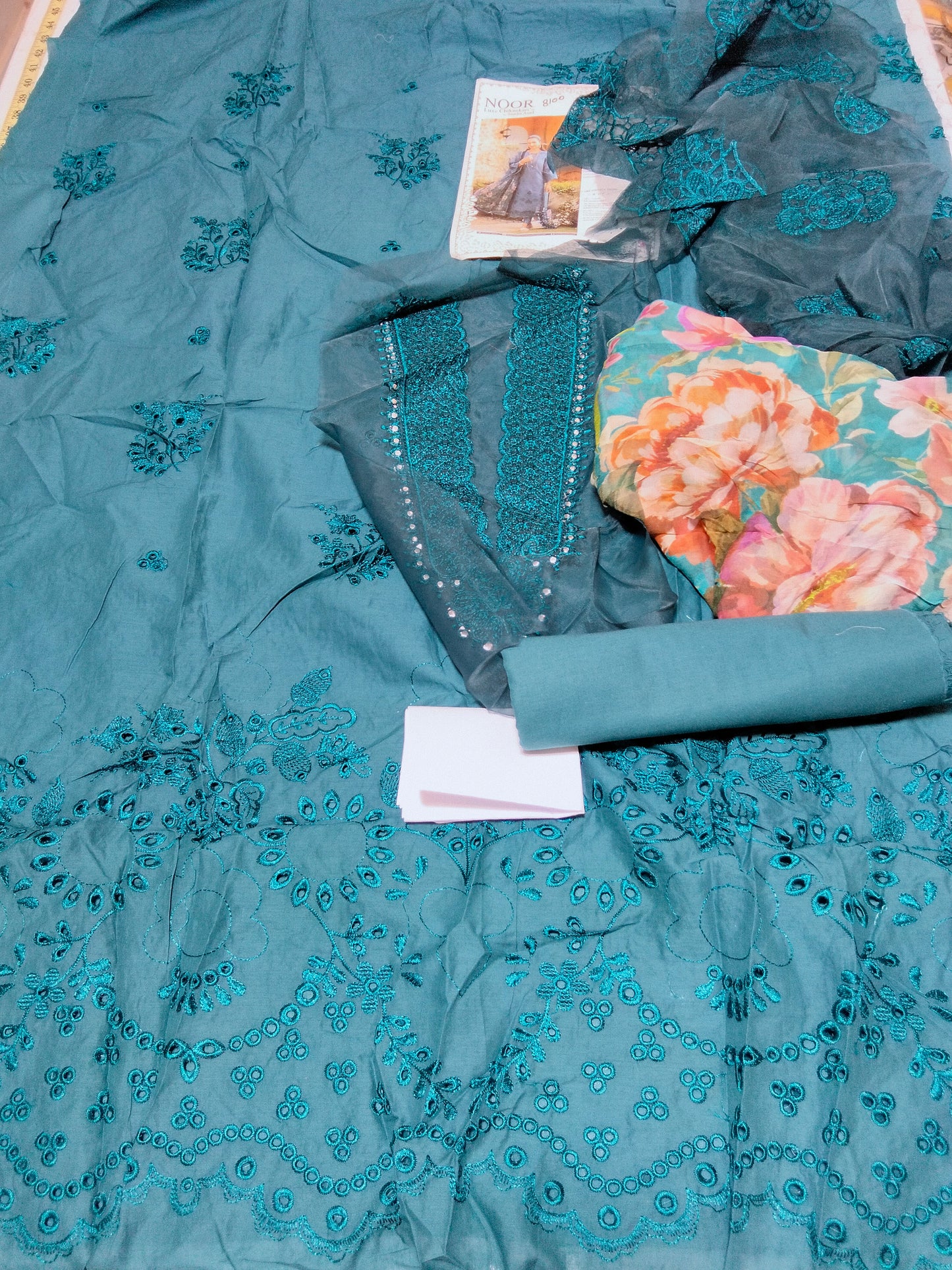 Sale Noor by Sadia Asad embroided lawn 3pc with plain trouser and printed chiffon dupatta with embroided patches