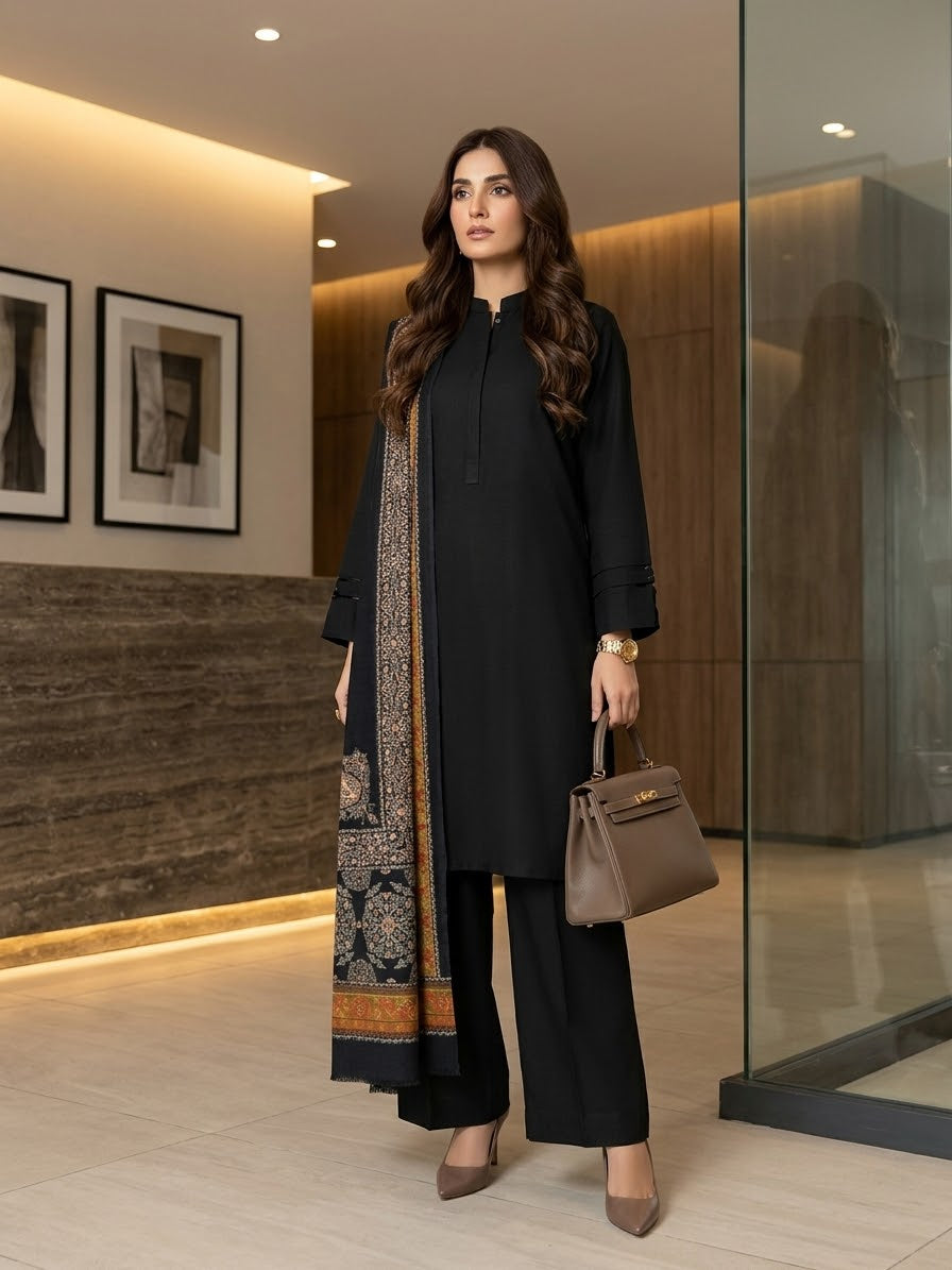 Hussain rehar 3pc plain linen shirt and trouser with printed wool shawl