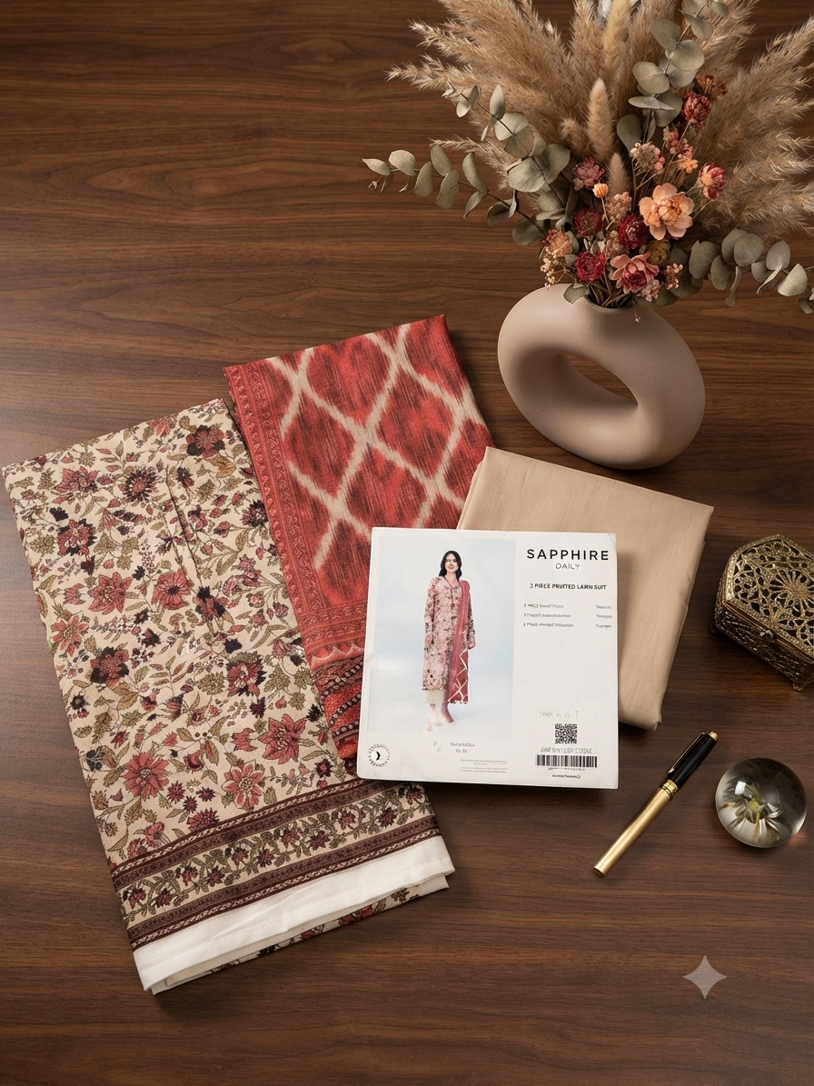 Sale sapphire printed lawn 3pc with plain trouser and printed Dupatta