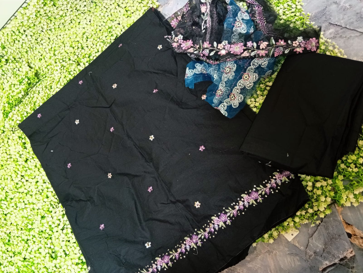 Batik embroided lawn shirt with plain trouser and embroided patches