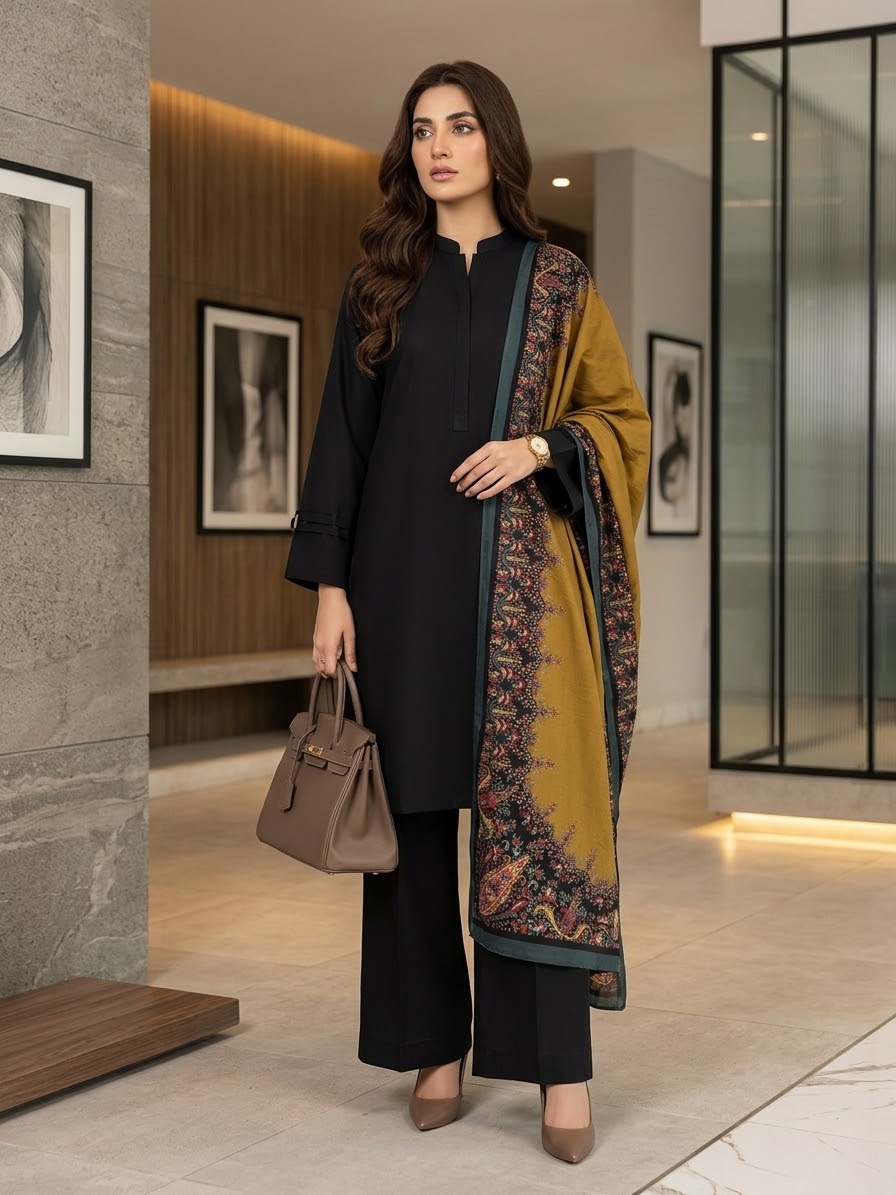 Hussain Rehar 3pc plain khadar shirt trouser with printed wool shawl