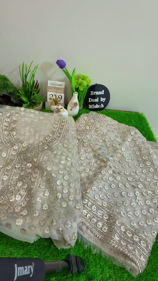 Hand gotta embroided luxury formal pure tissue organza dyeable 2pc