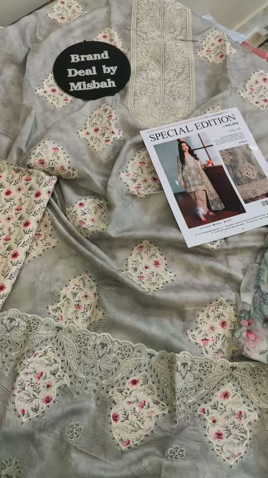 AAlaya exclusive embroidered aplic work viscose silk 3 pc with chiffon duppata
