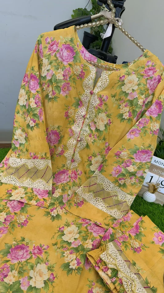 Ethnic unstitched viscose printed raw silk shirt trouser with maria b embroided patch