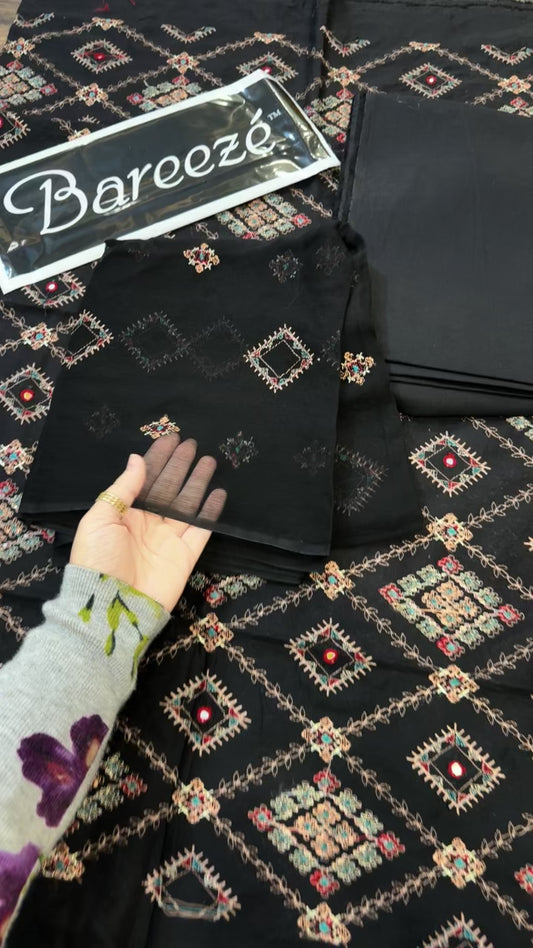 Breeze style embroidery 3pc pure chiffon embroidered dupatta black