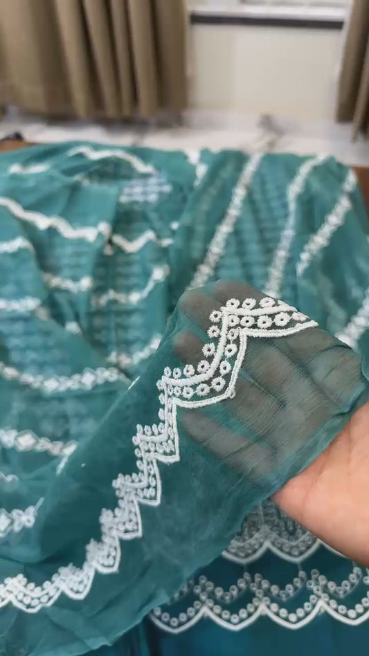 Riaz arts embroided chiken kari with pure chiffon duppata 3pc