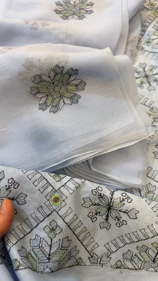 Bareez style embroidery 3pc pure chiffon embroided duppata sky blue