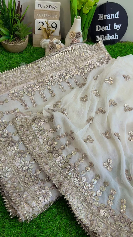 Hand embroided Gotta pure chiffon dyeable shirt duppata