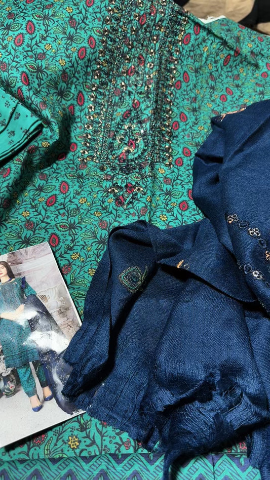 Embroided khadar 3pc with wool embroided shawl