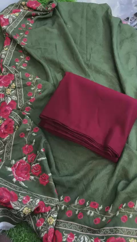 Hussain Rehar 3pc plain karandi shirt trouser with printed wool shawl