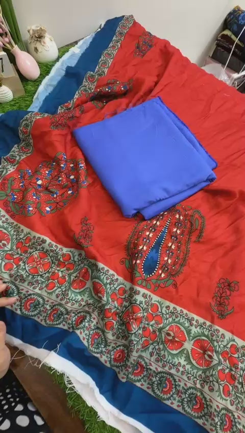 Hussain Rehar 3pc plain slub marina shirt trouser with printed wool shawl
