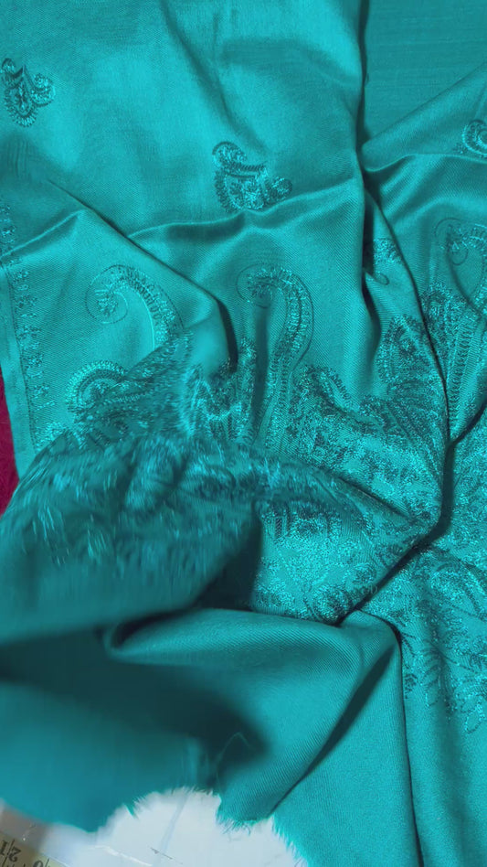 Woolen embroided shawl peacock green
