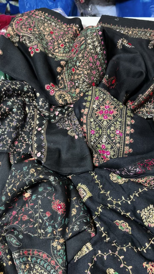 Woolen hand embroided shawl black