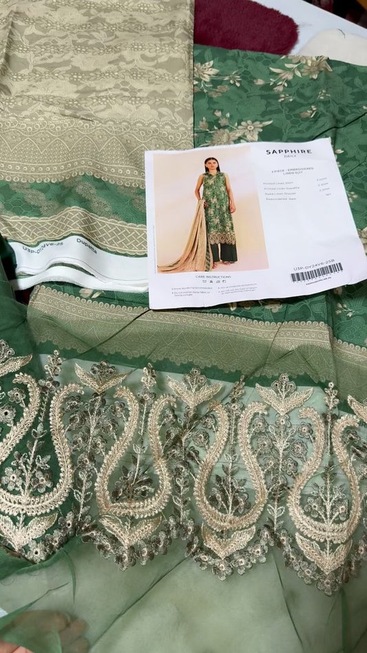Sapphire linen embroided 3pc CLEARANCE