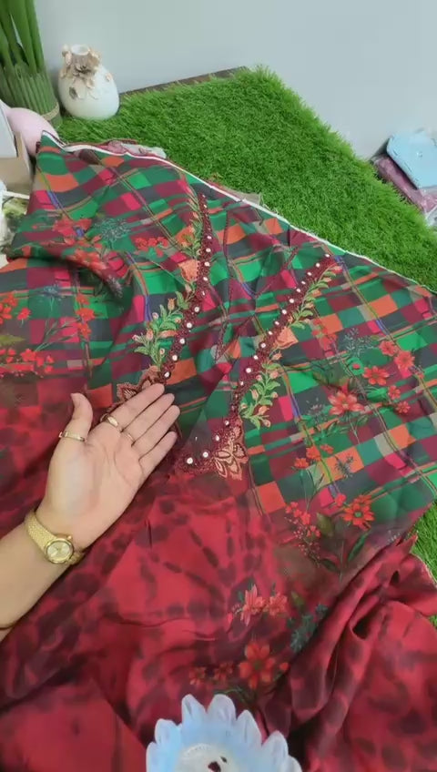Charizma combination 3 pc embroidered linen with embroidered Irish linen shawl