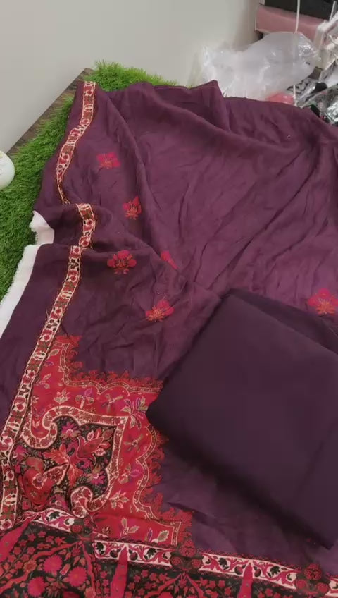 Hussain Rehar 3pc plain khadar shirt trouser with printed wool shawl