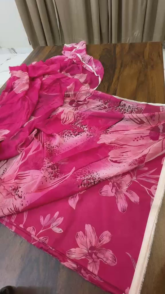 Premium lawn 3pc with pure bamber chiffon duppata shocking pink