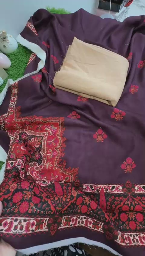 Hussain Rehar 3pc plain karandi shirt trouser with printed wool shawl