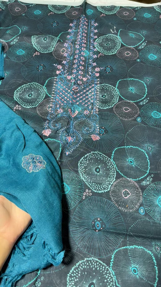 Embroided khadar 3pc with wool embroided shawl