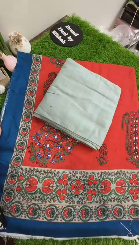 Hussain rehar khaddar 3 pc plain shirt trouser with printed shawl