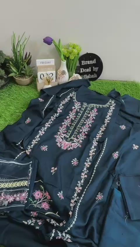Riaz arts luxury embroidered 3pc winter teel blue