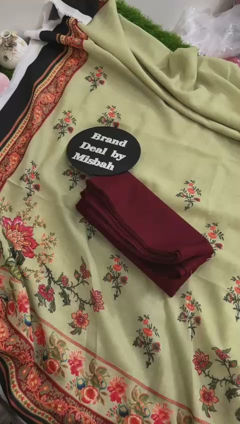 Hussain Rehar 3pc plain khadar shirt trouser with printed wool shawl