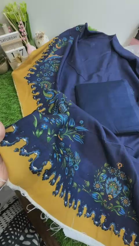 Hussain Rehar 3pc plain khadar shirt trouser with printed wool shawl