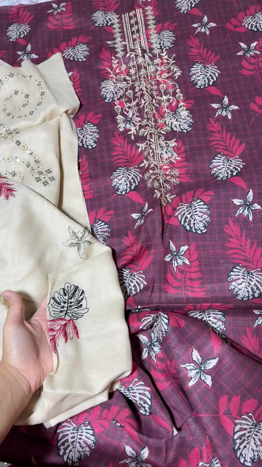 Embroided 3pc khadar with woolen embroided shawl