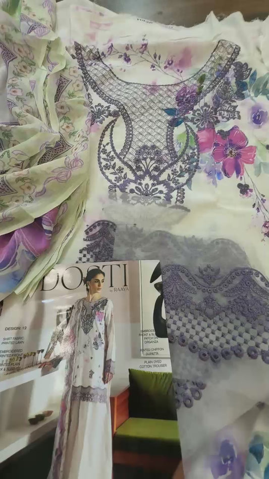 Rang rasiya Design 12  Dosti luxury embroidered lawn 3pc on clearance