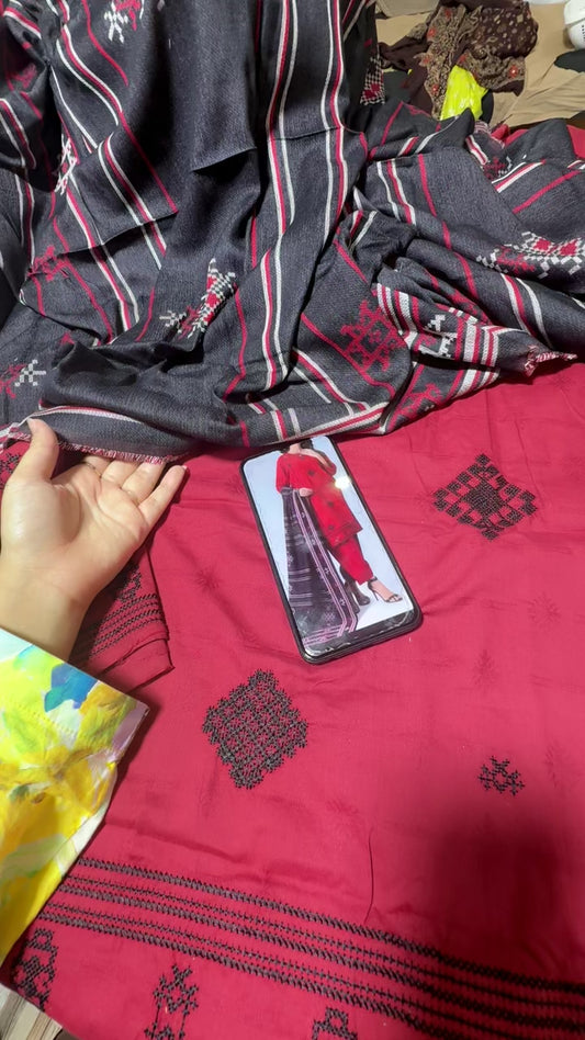Alkaram embroided winter shirt and duppata