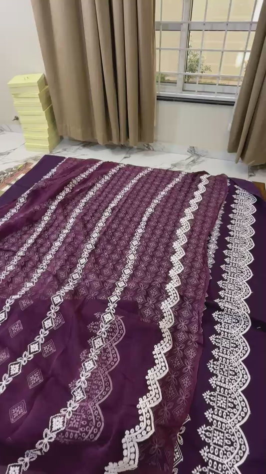 Riaz arts embroided chiken kari with pure chiffon duppata 3pc