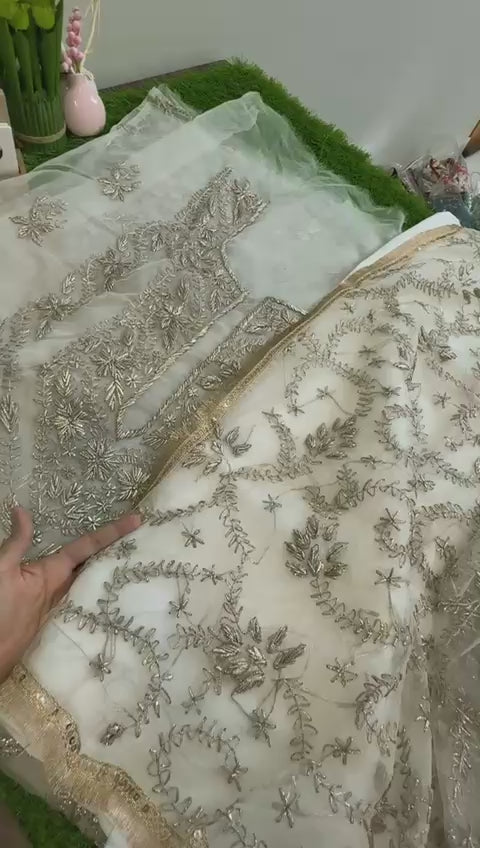 Hand gotta embroided luxury formal pure tissue organza dyeable 2 pc code G