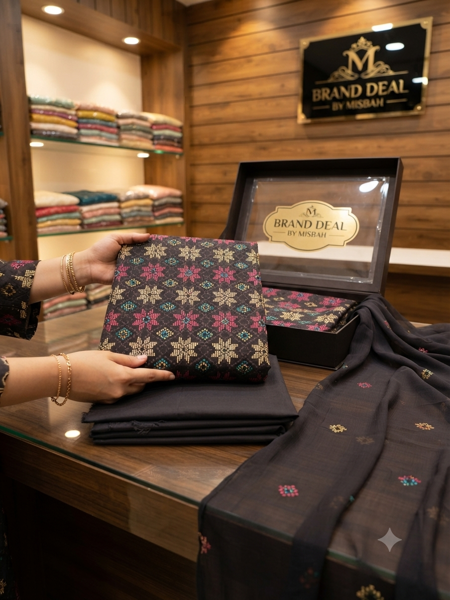 Luxury Karandi embroided 3pc with embroided chiffon duppata plain karandi trouser