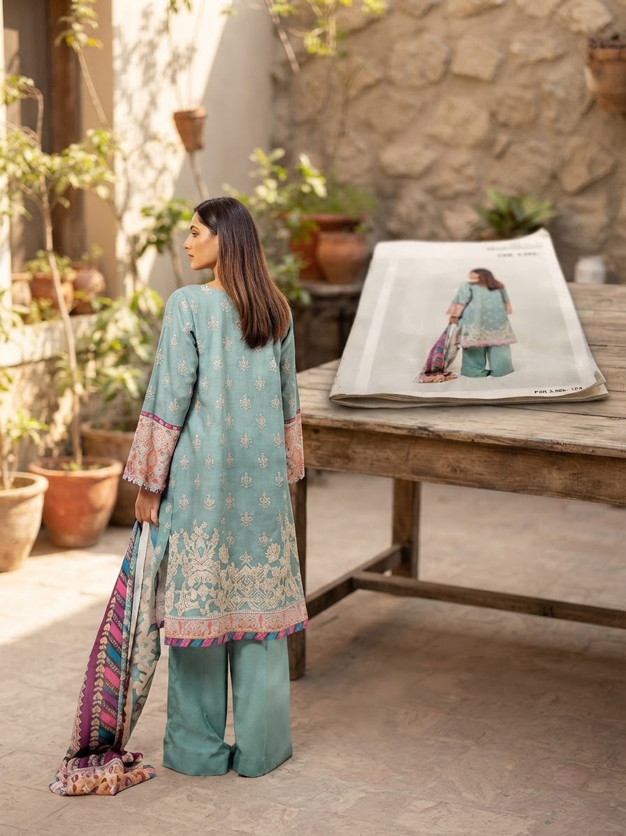 Beechtree embroided khadar 2pc shirt and dupatta