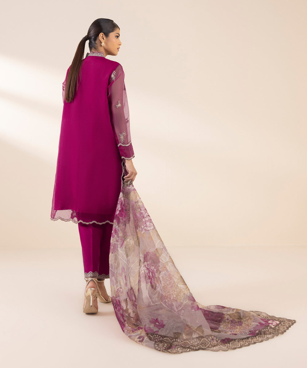 Sale sapphire embroided organza fabric shirt plain Raw silk trouser and printed organza fabric dupatta with embroided patches complete 3pc (unstitched)
