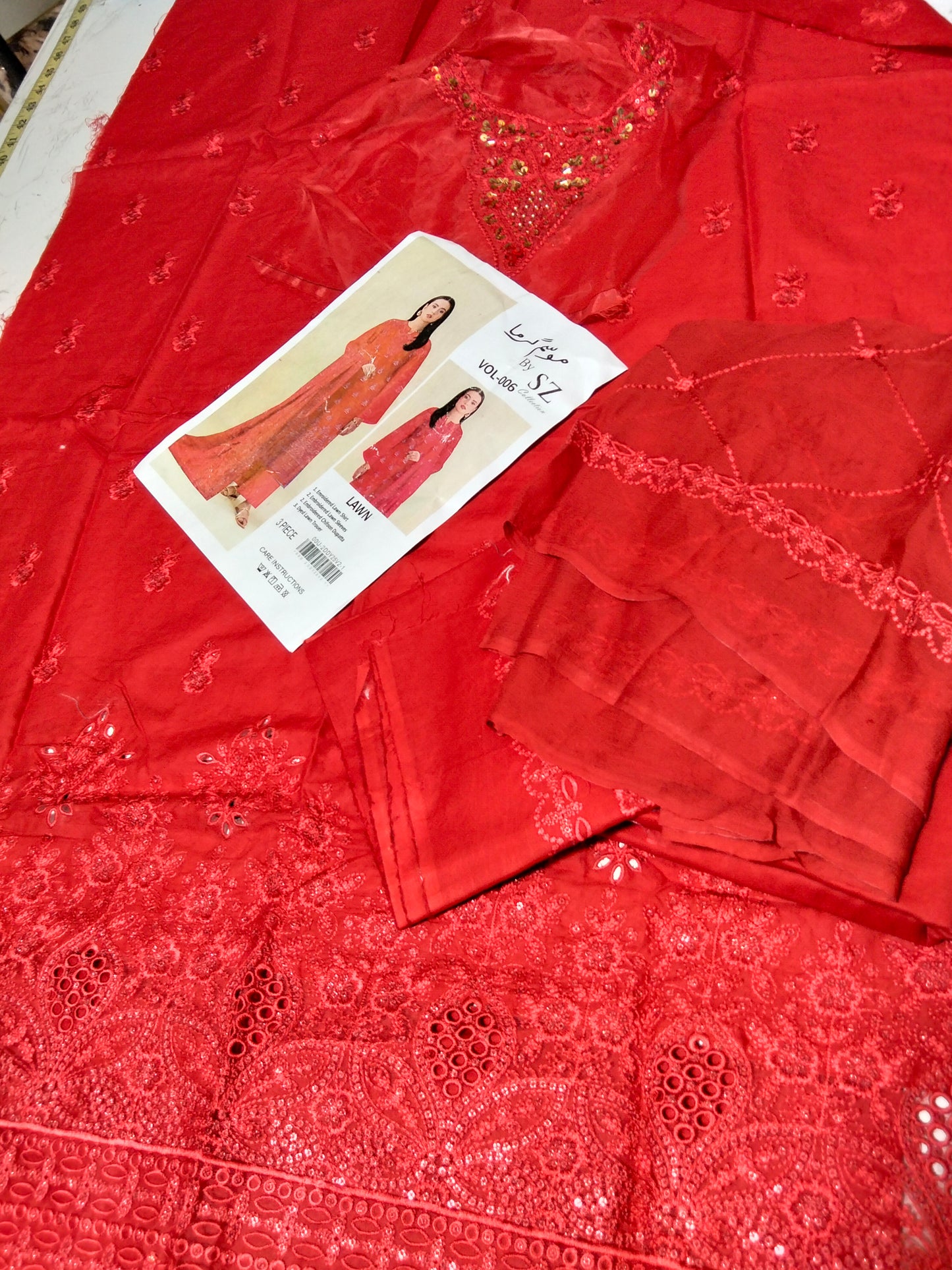 Sale embroided lawn shirt, embroided chiffon dupatta with dyed trouser (complete 3pc)
