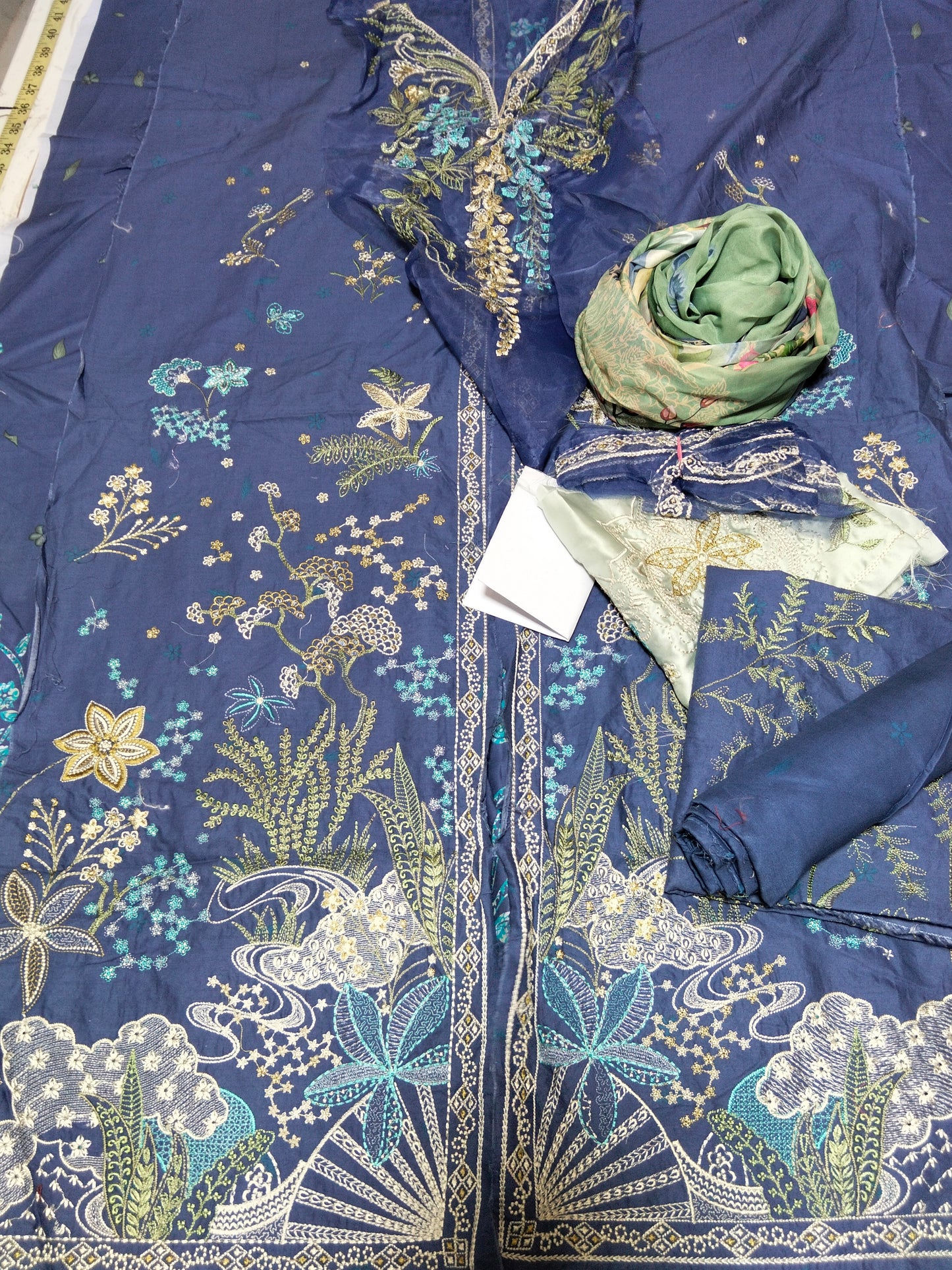 Sale Mushq embroided lawn 3pc with embroided patches and printed silk dupatta